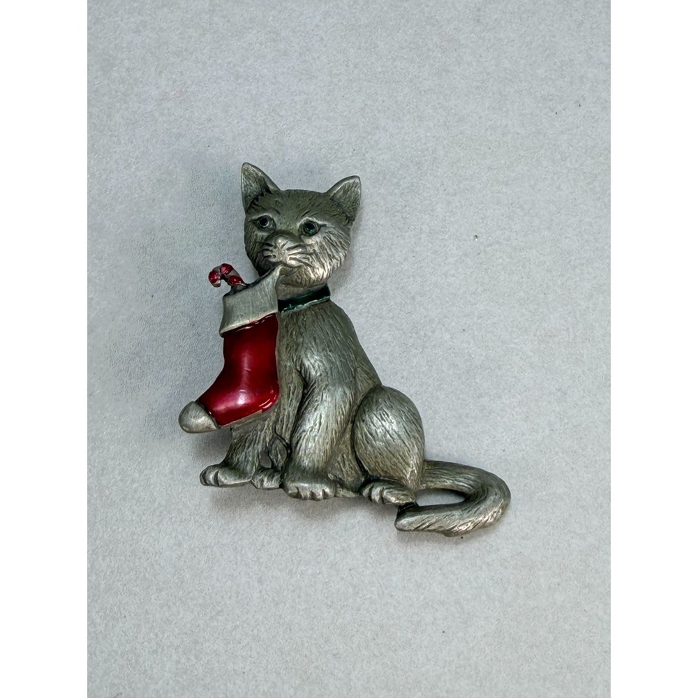Vintage JJ Cat Christmas Stocking Brooch Pewter Tone Figural Holiday Pin